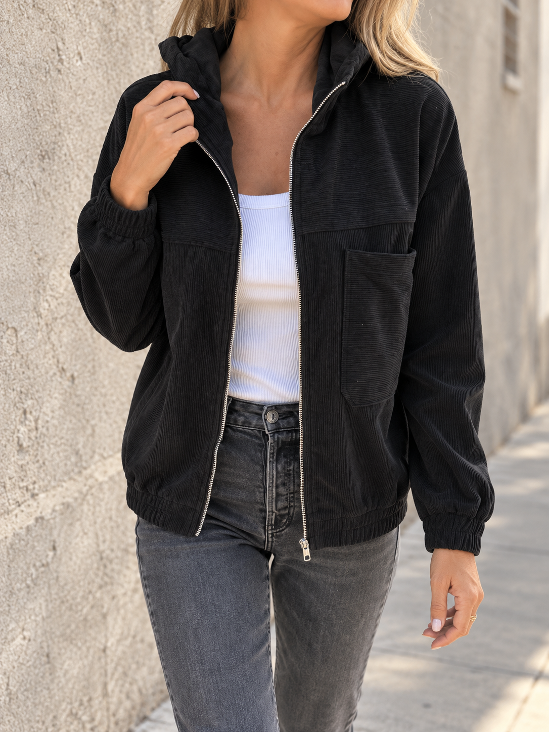Boutique Textured Zip Front Hooded Jacket