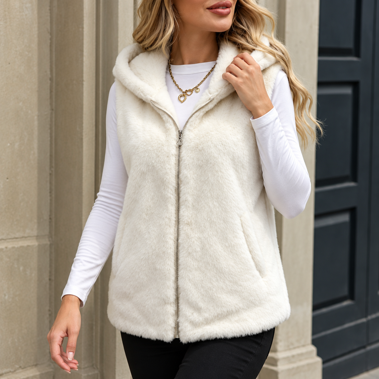 Minimalist White Hooded Faux Fur Vest Zip Front with Pockets