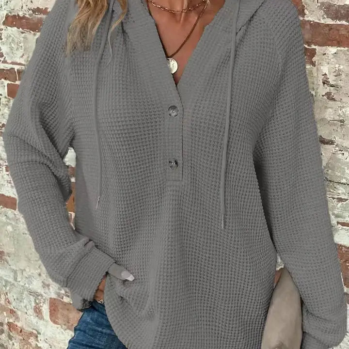 Cross-Border Women’s Waffle Knit V-Neck Hoodie