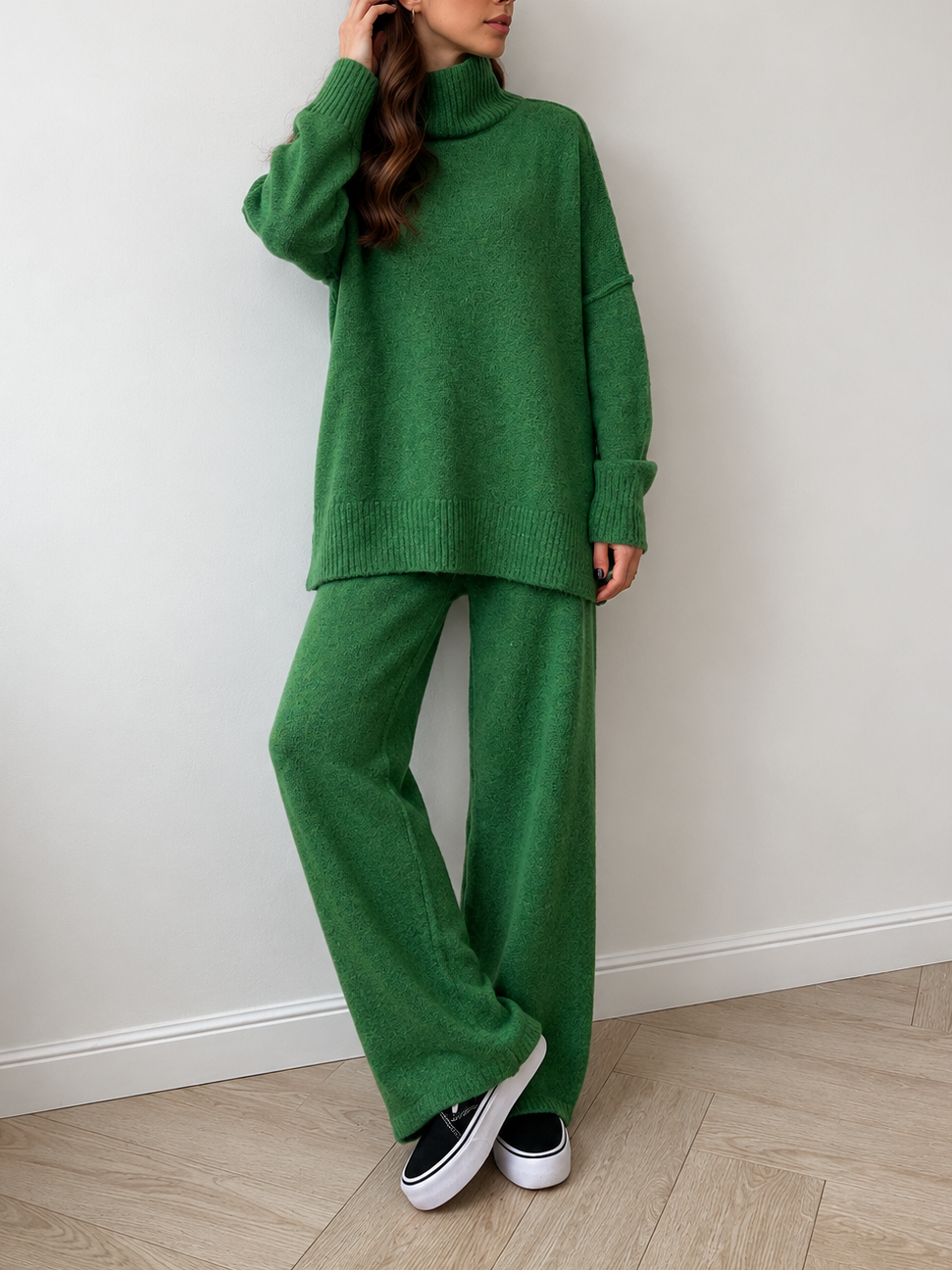 Green Turtleneck Sweater and Wide Leg Pants Knit Set