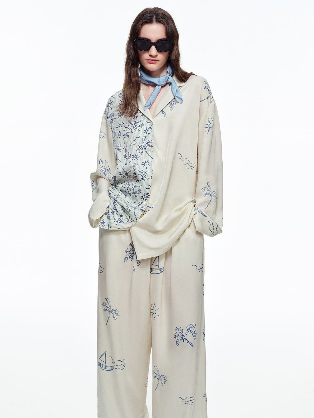 Milk Apricot Coastal Print Long Pajama Set