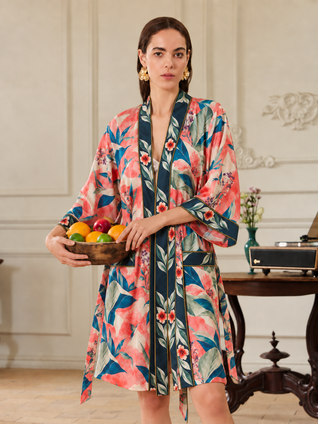 Coral Aviary Short Robe with Pockets