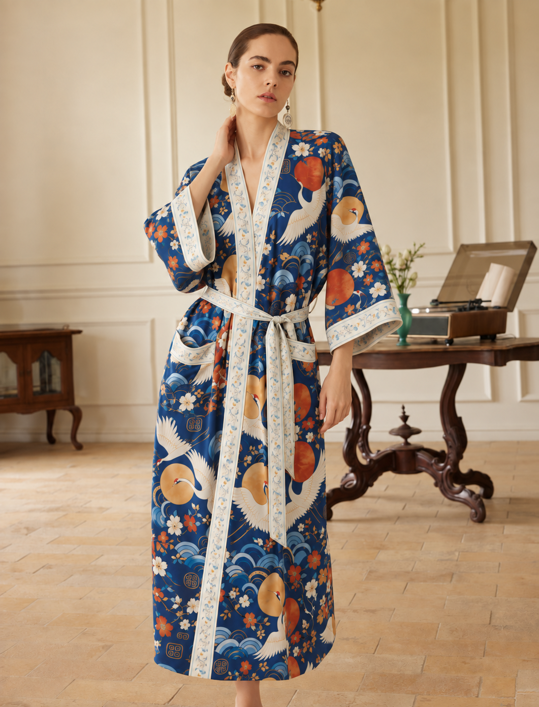 Moonlit Cranes Kimono Robe with pockets