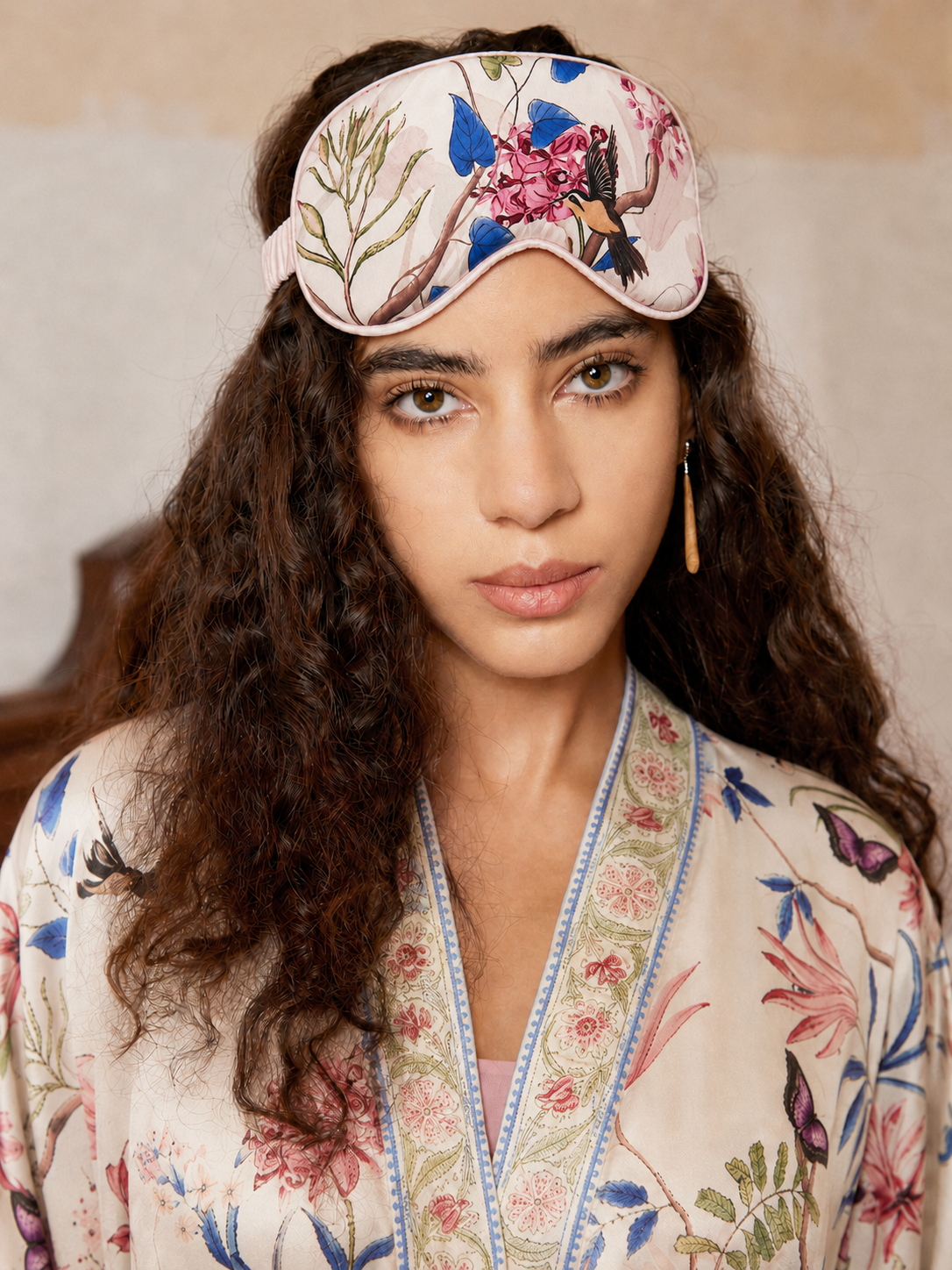 Beige Floral Charmeuse Asian Inspired Sleep Mask