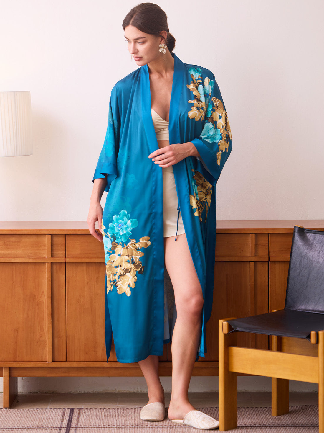 Teal Orchid Bloom Kimono Robe