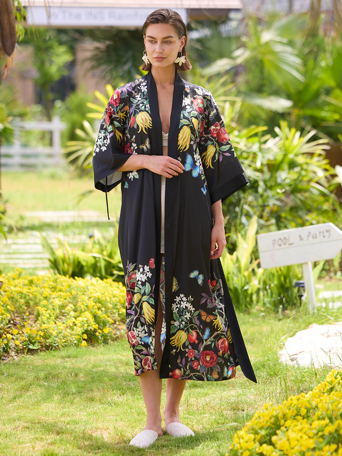 Black Botanical Kimono Robe