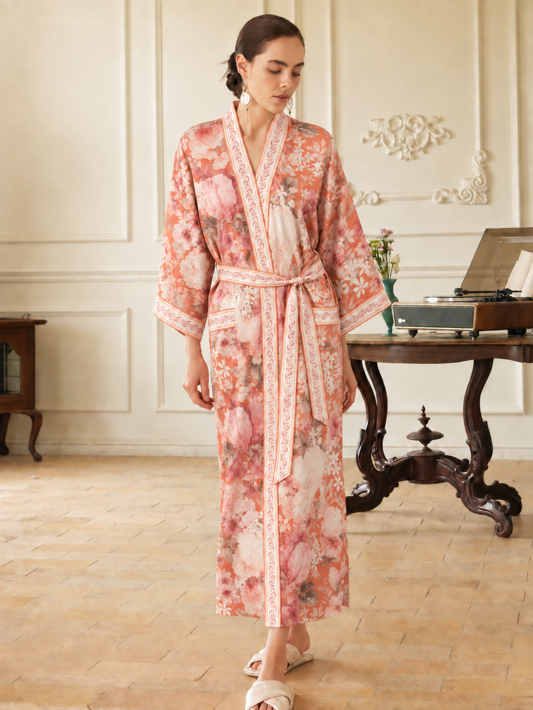 Coral Sunset Kimono Robe with Pockets
