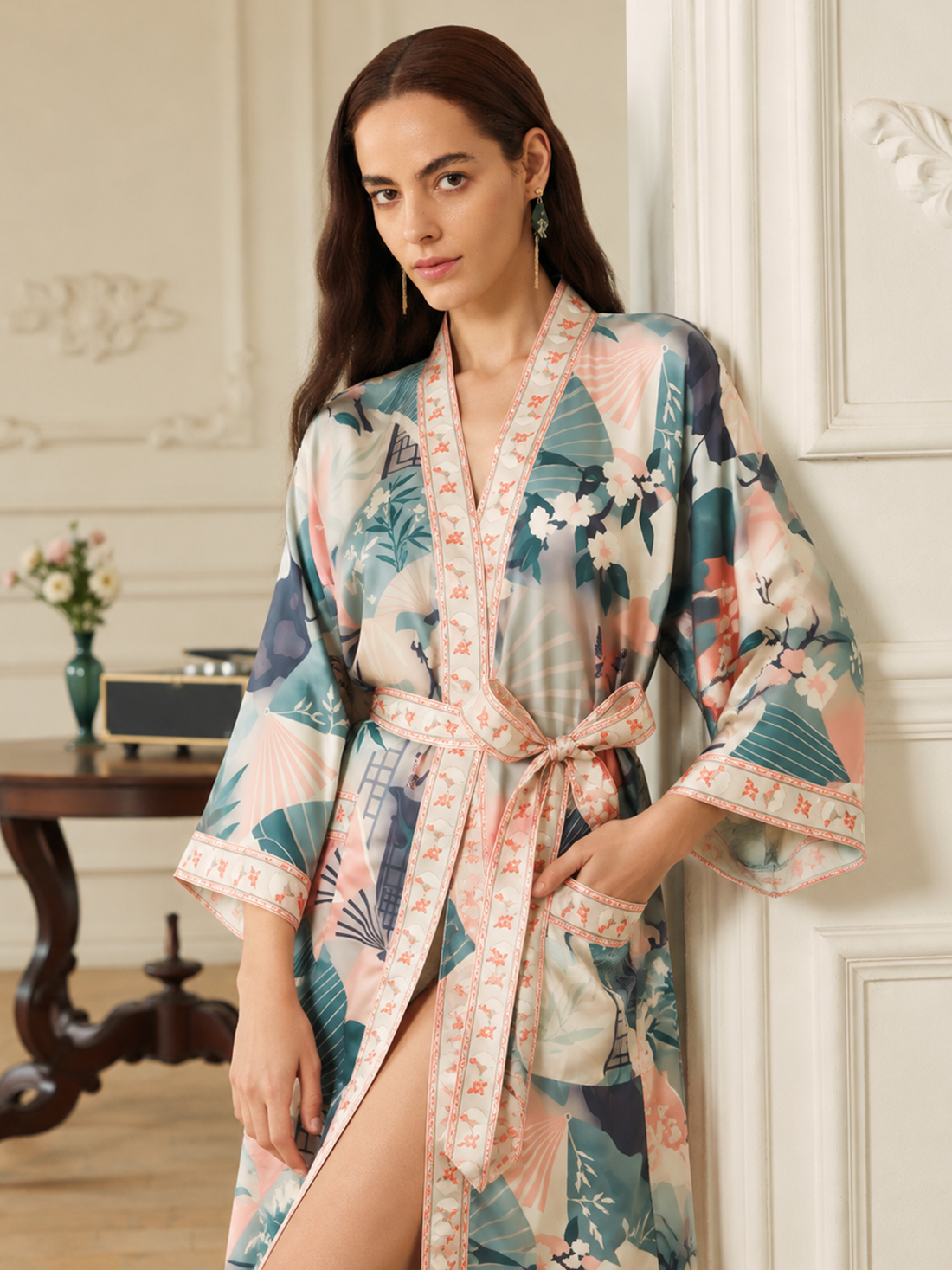 Sage Garden Fan Long Kimono Robe with Pockets