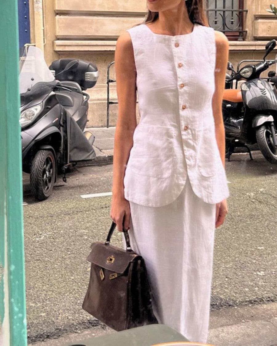 White Square Neck Vest & High Waist Skirt Set