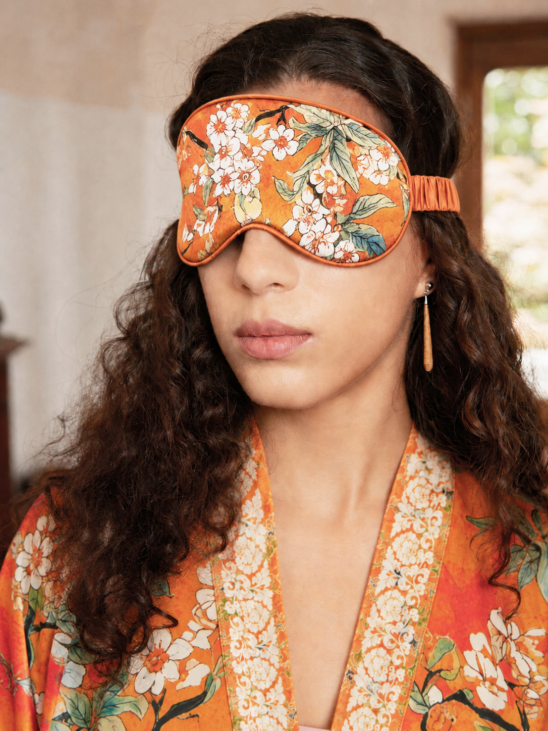 Orange Camellia Charmeuse Asian Inspired Sleep Mask