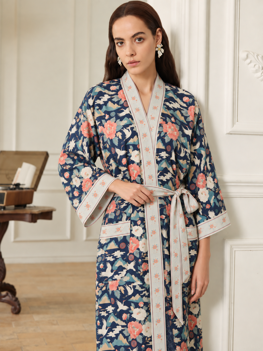 Oriental Peony & Crane Kimono Robe
