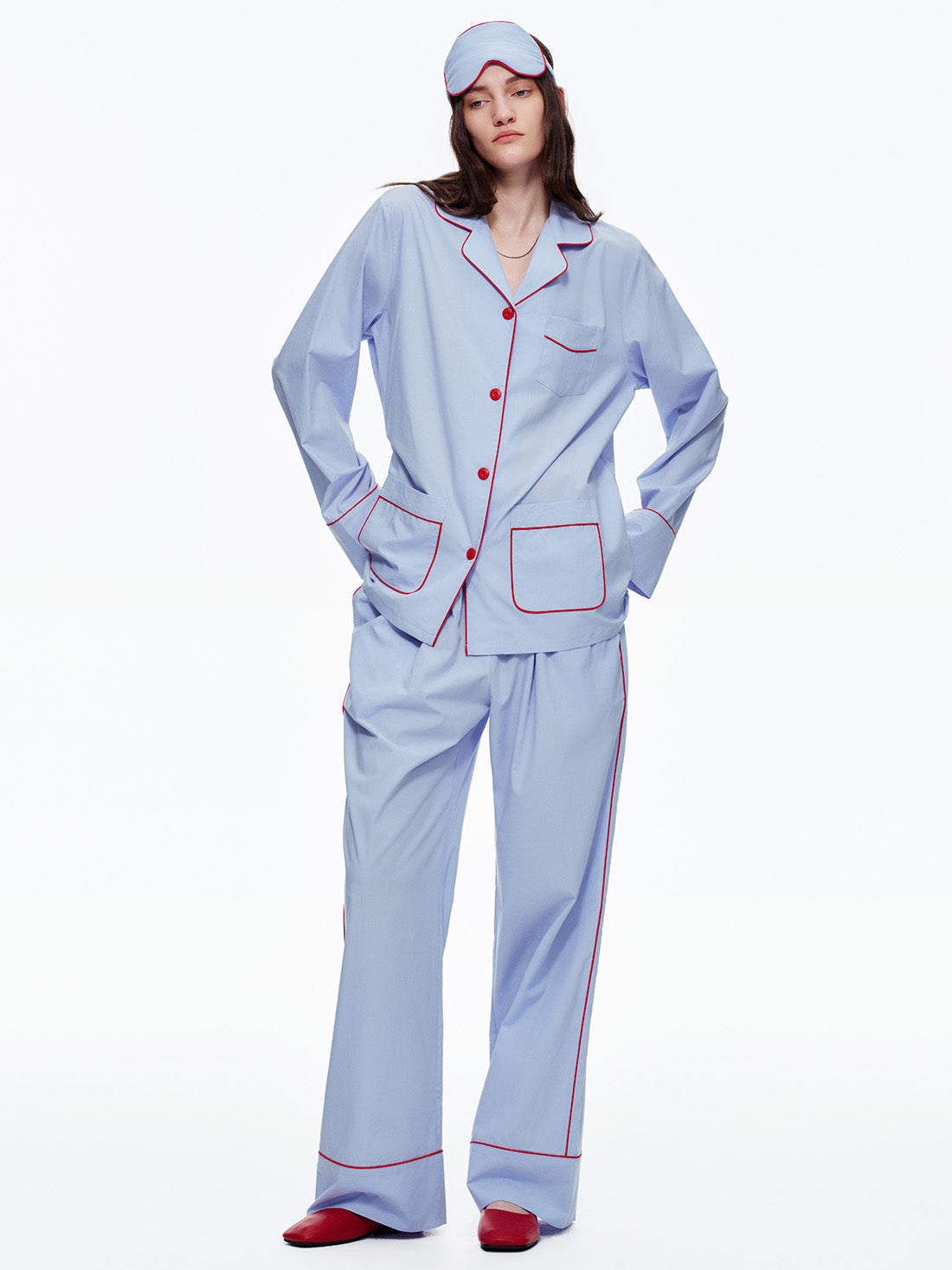 Powder Blue Classic Long Pajama Set with Pockets