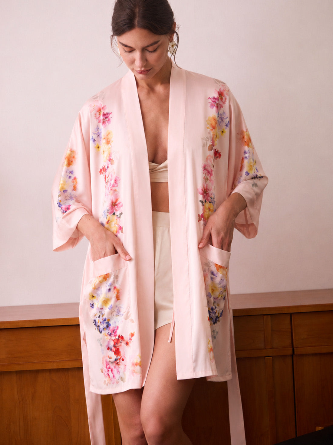 Blush Blossom Short Kimono Robe with Pockets