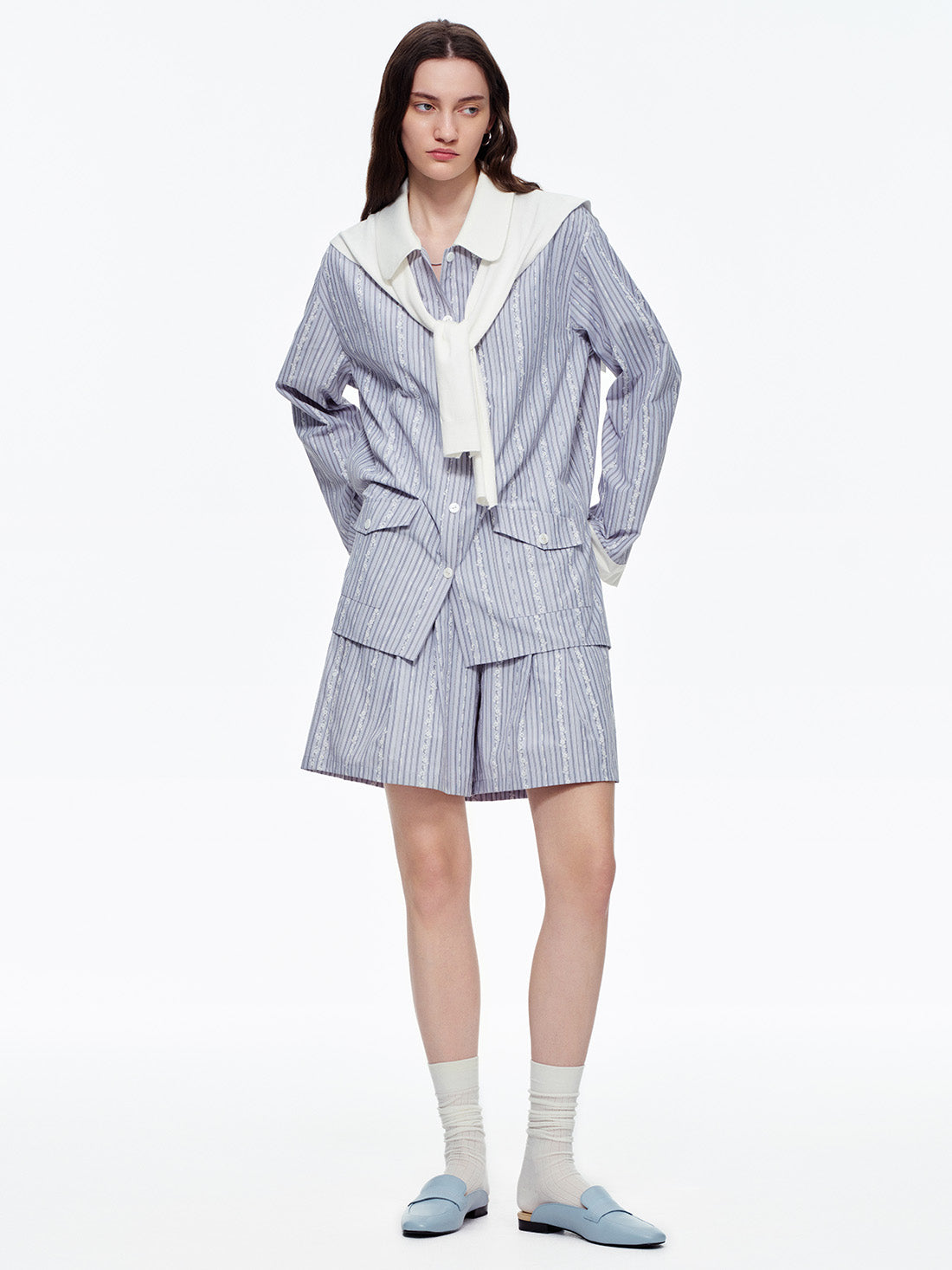 Lavender Lace Stripe Short Pajama Set with Pockets