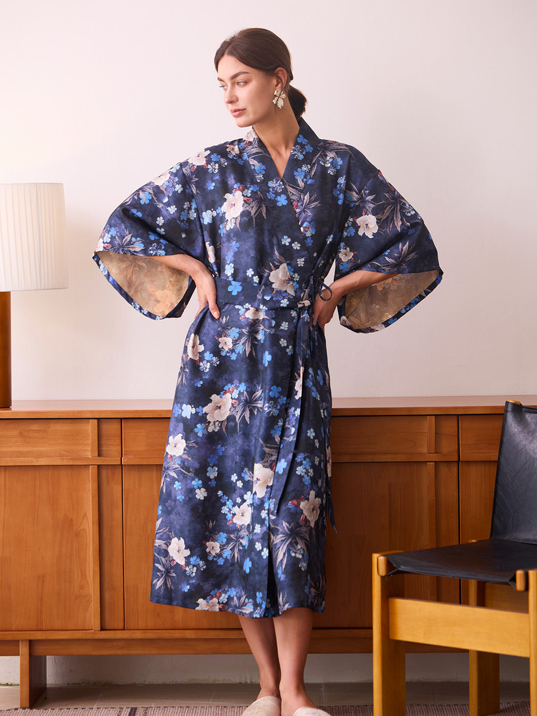 Navy Floral Garden Shimmer Kimono Robe