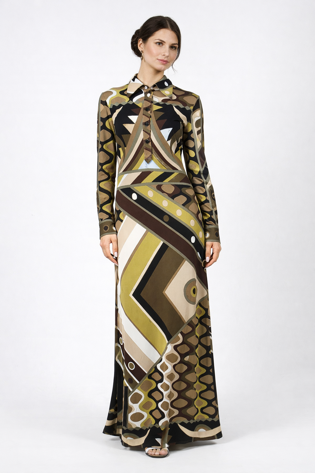 Retro Abstract Print Long Sleeve Maxi Dress
