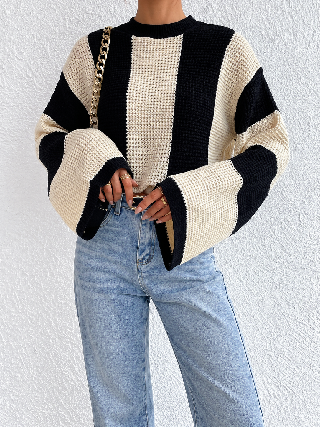 Minimalist Wide Stripe Flared Sleeve Sweater