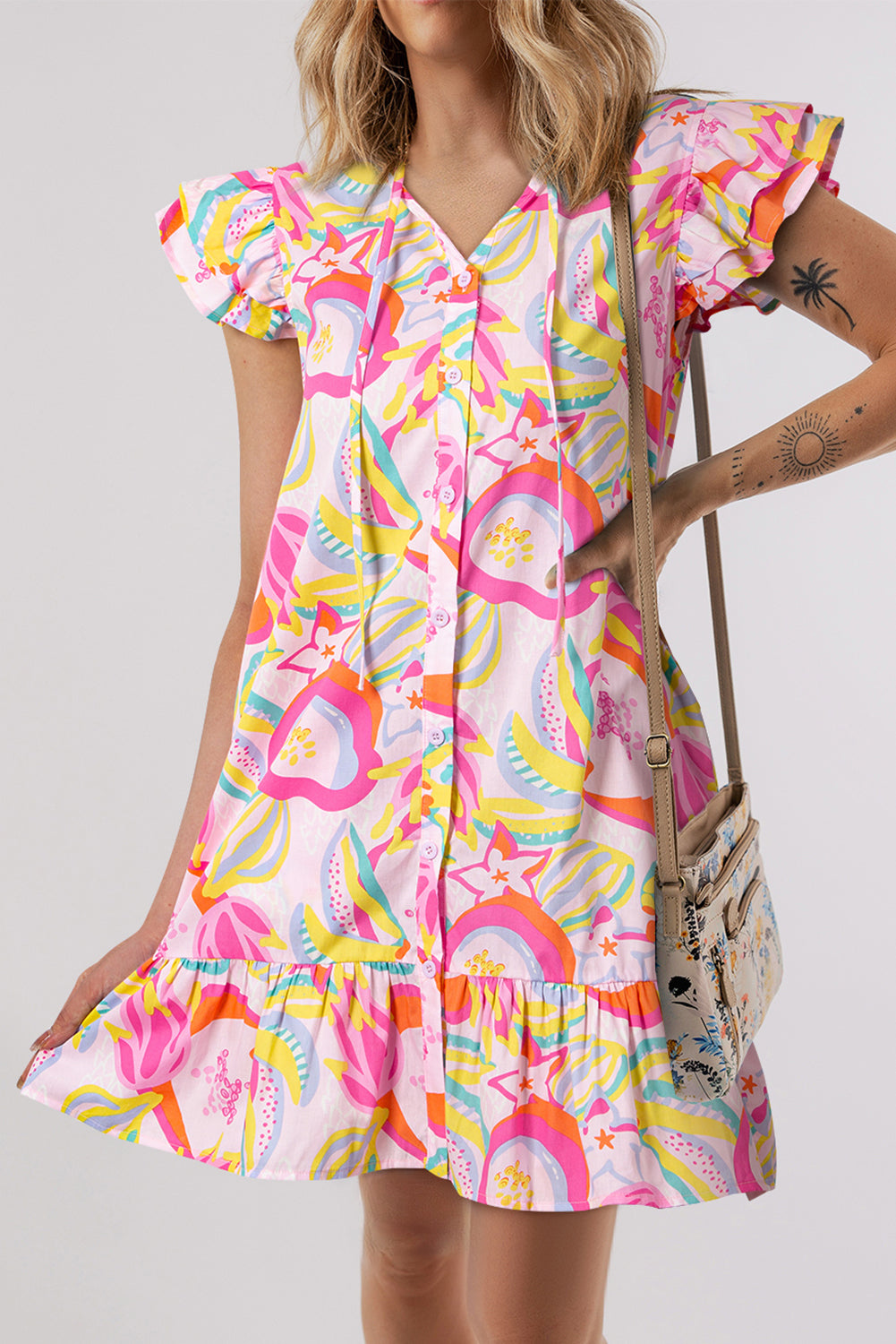 Abstract Floral Ruffle Trim Flutter Sleeve Buttoned Dress