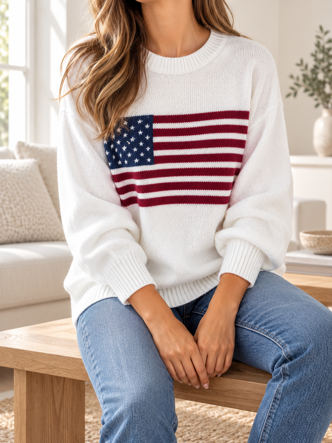 Boutique American Flag Crewneck Knit Sweater