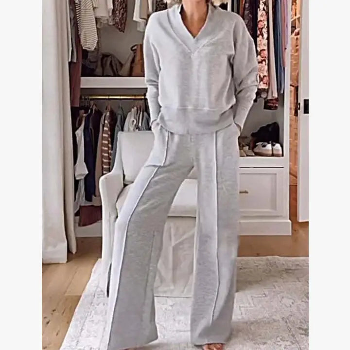 Ribbed Loungewear Set with Wide-Leg Pants