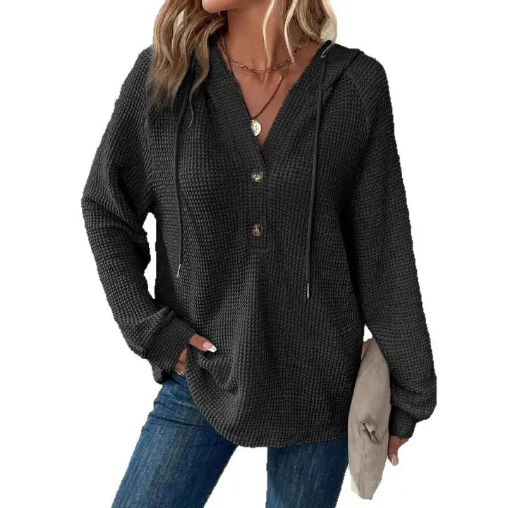 Cross-Border Women’s Waffle Knit V-Neck Hoodie