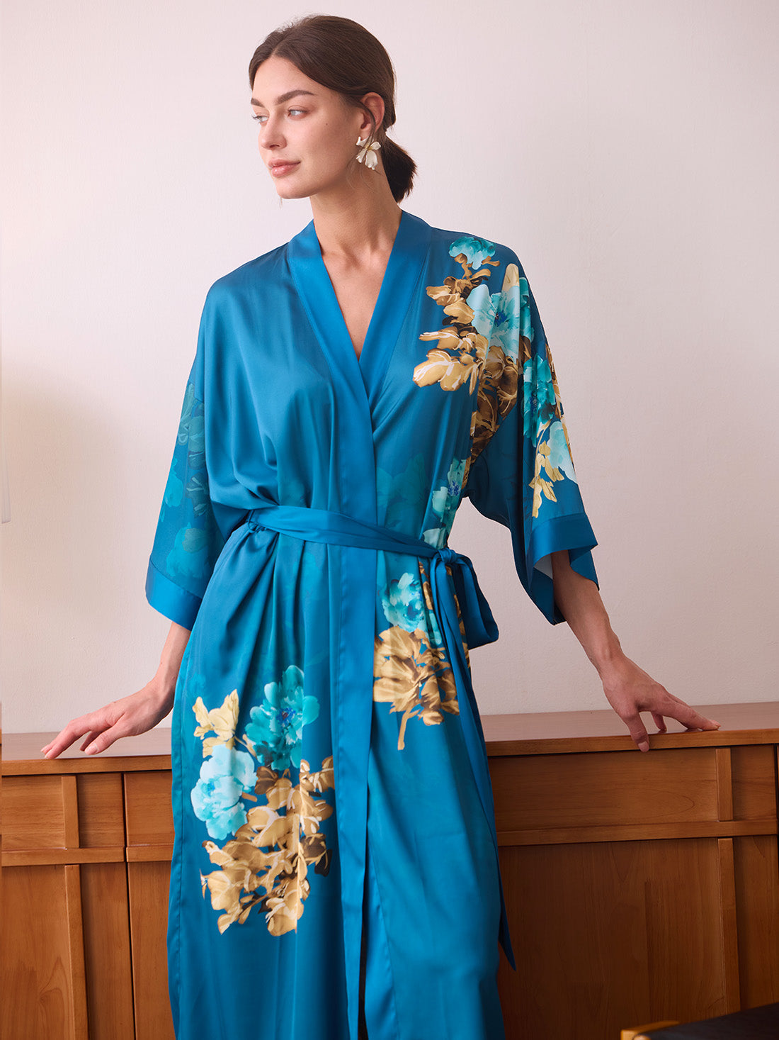 Teal Orchid Bloom Kimono Robe