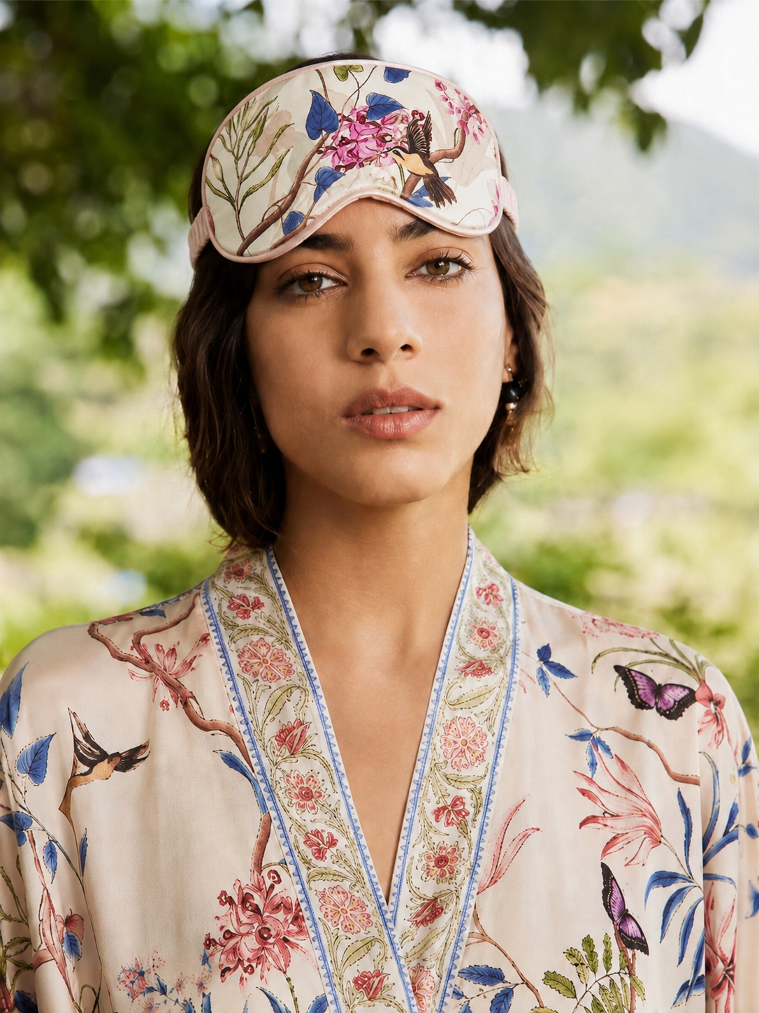 Beige Floral Charmeuse Asian Inspired Sleep Mask