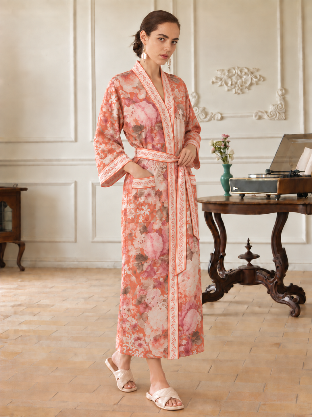 Coral Sunset Kimono Robe with Pockets