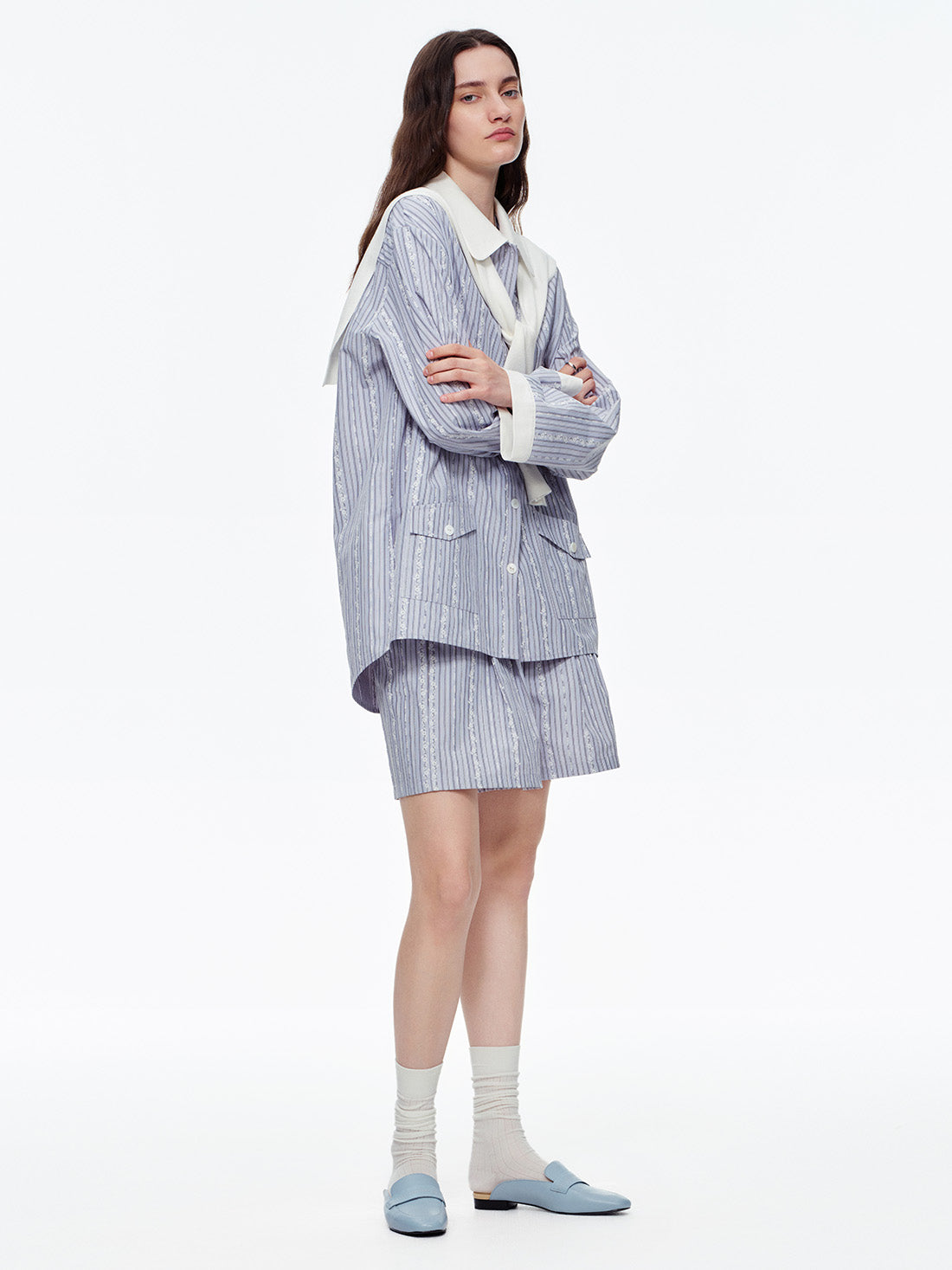 Lavender Lace Stripe Short Pajama Set with Pockets