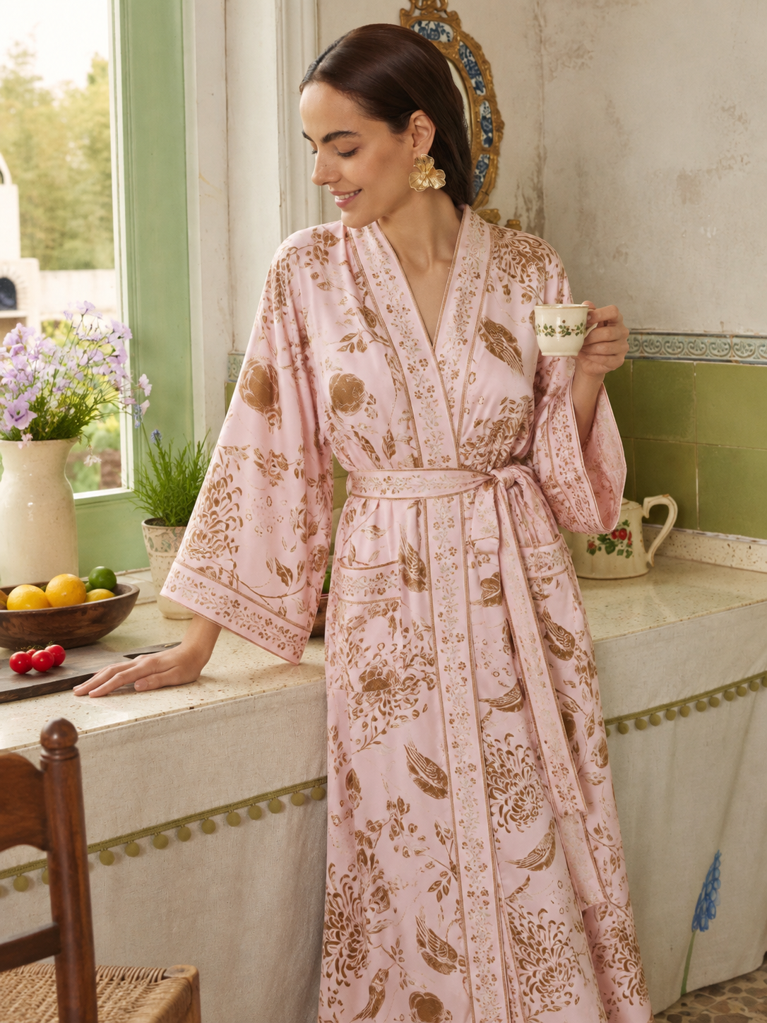 Blush Golden Leaf Kimono Robe with Pockets