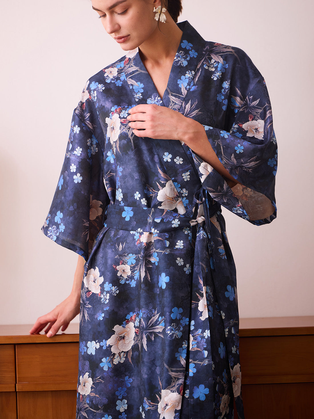 Navy Floral Garden Shimmer Kimono Robe