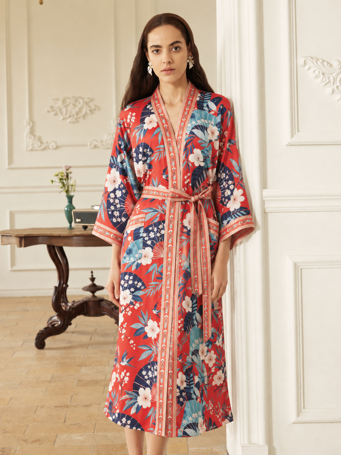 Coral Chinoiserie Kimono Robe with Pockets