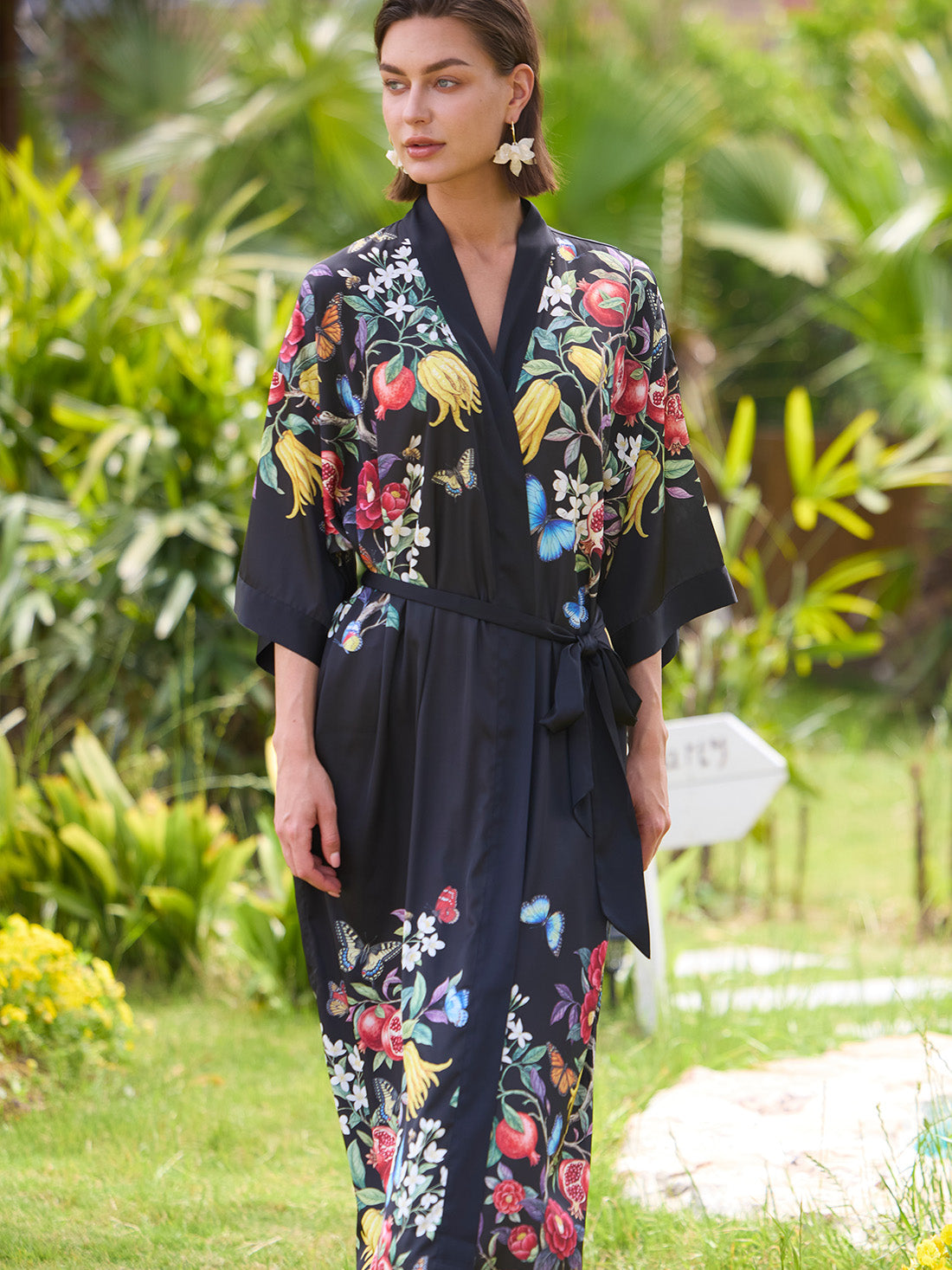 Black Botanical Kimono Robe