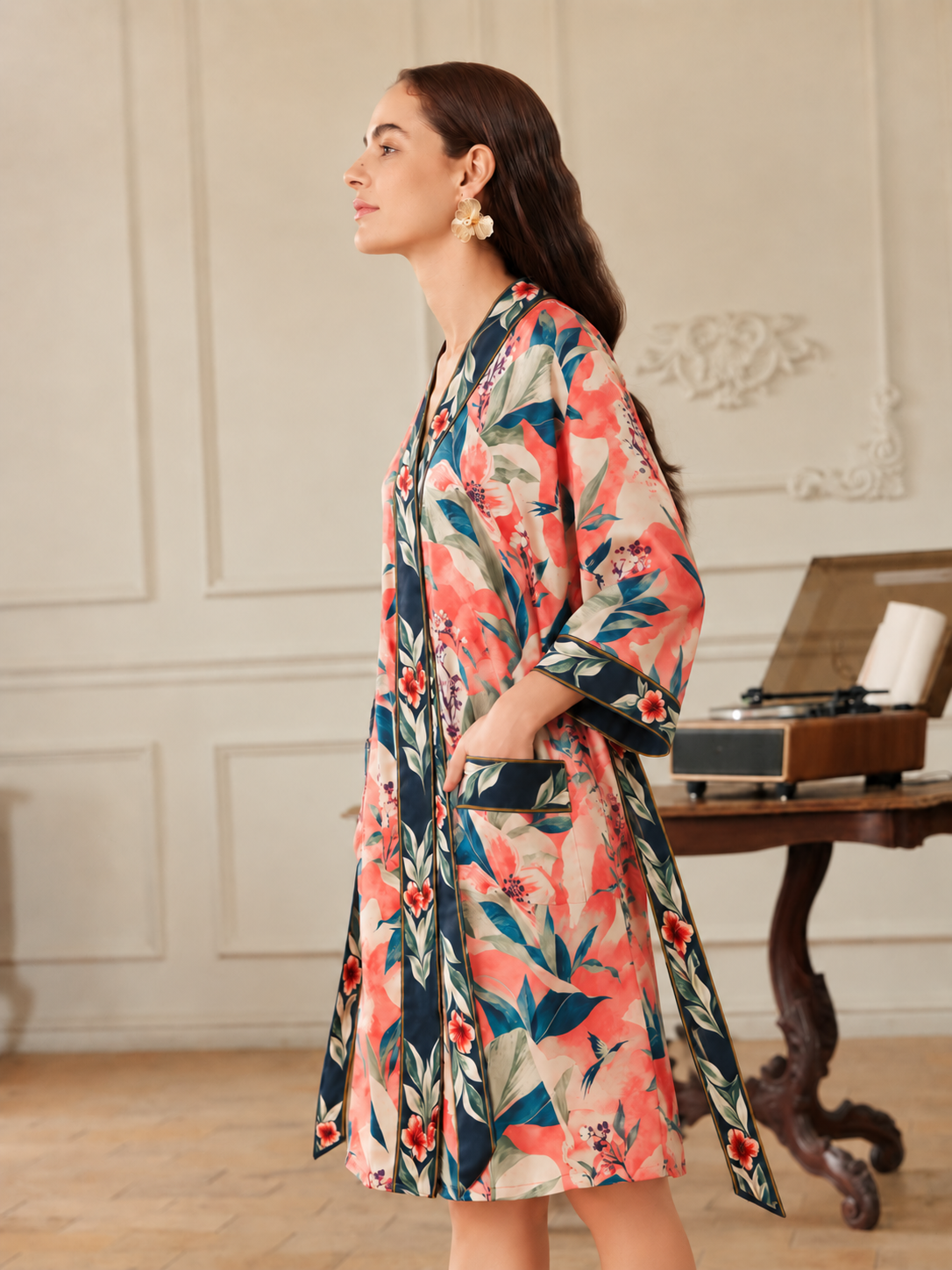 Coral Aviary Short Robe with Pockets