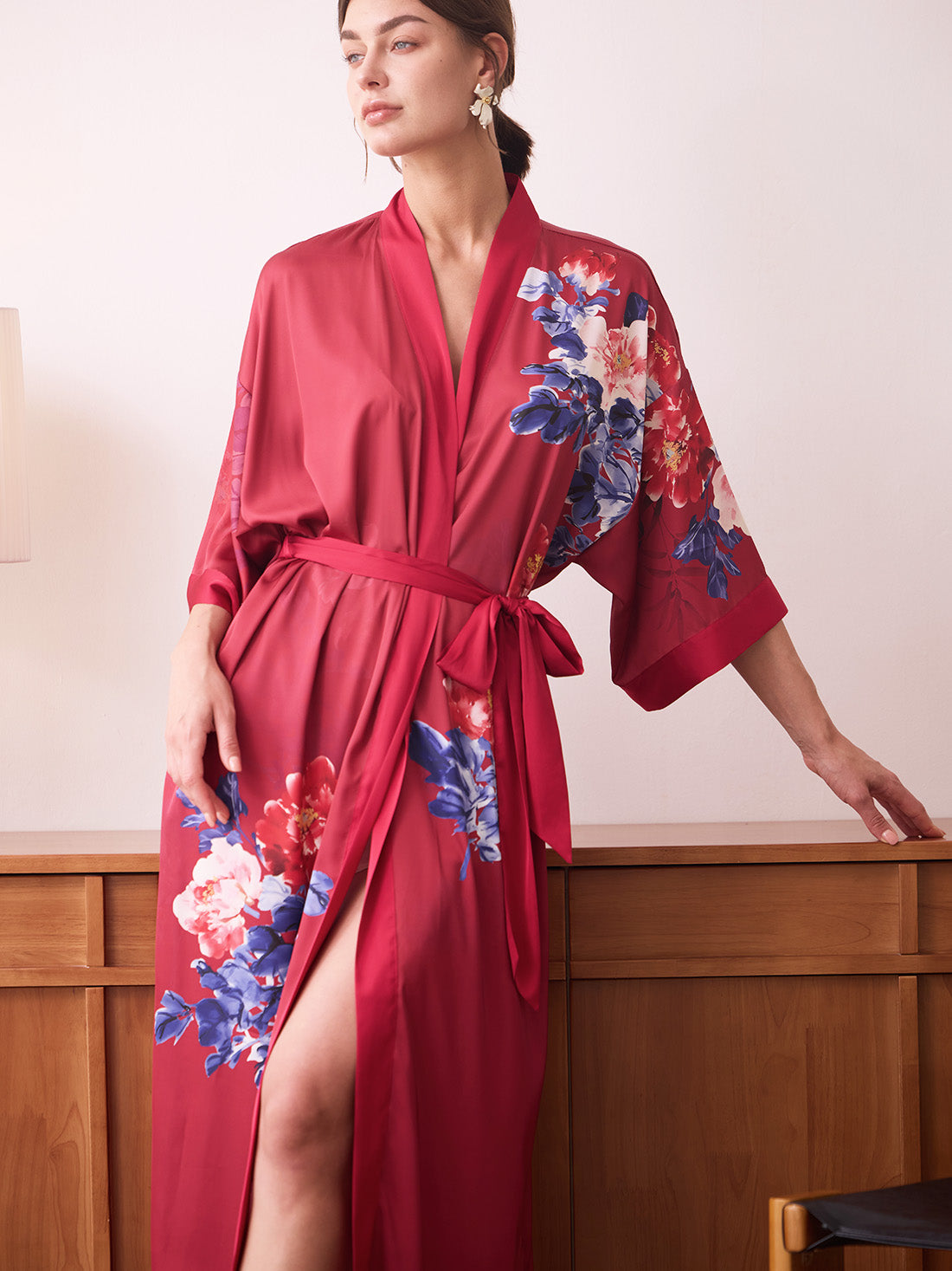 Berry Red Peony Kimono Robe