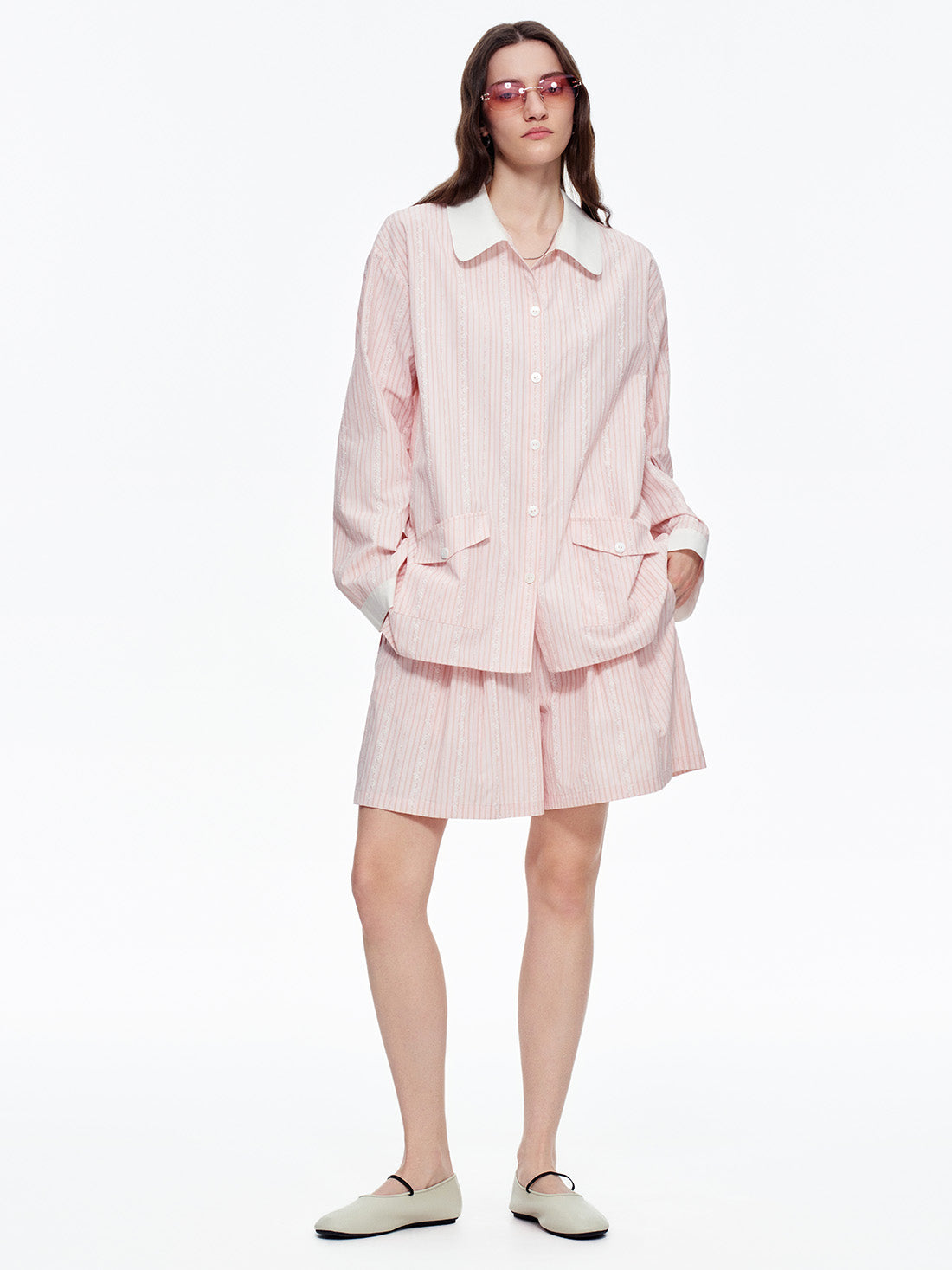 Blush Lace Stripe Short Pajama Set with Pockets