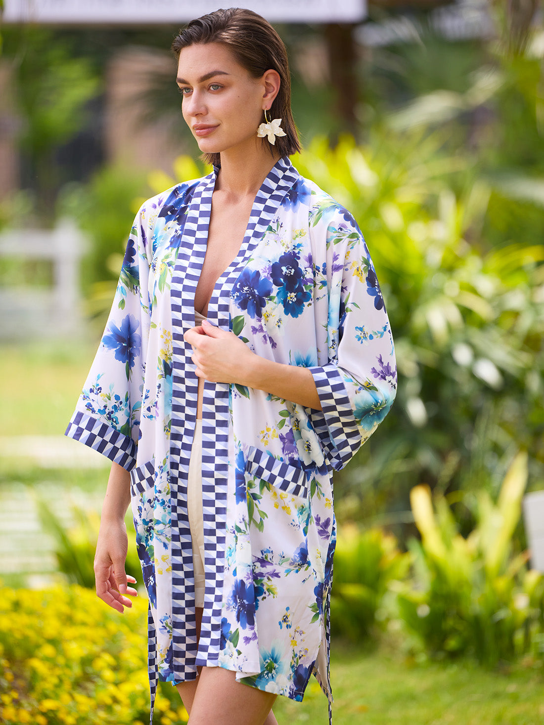 Bluebell Garden Short Kimono Robe with Pockets