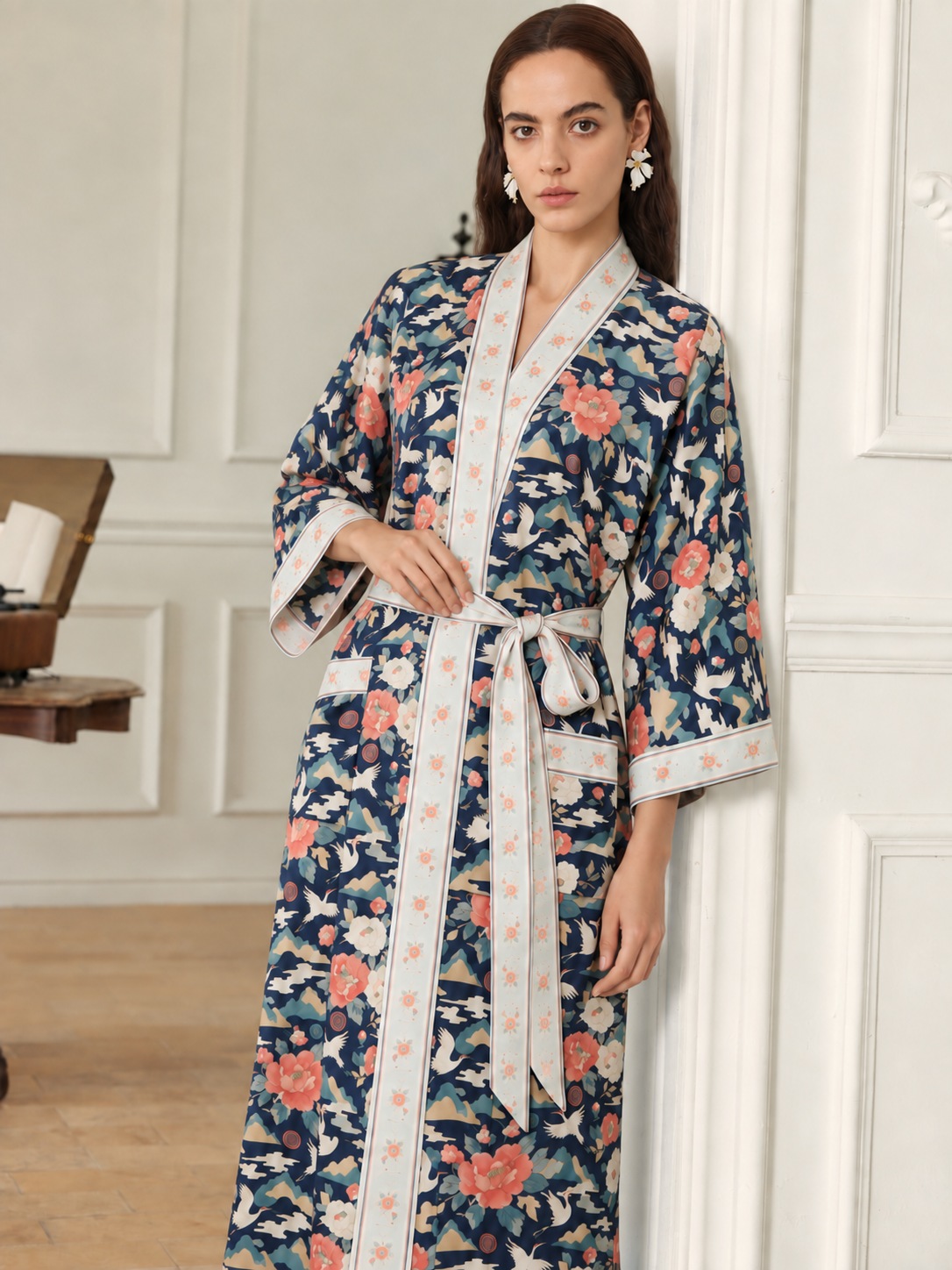 Oriental Peony & Crane Kimono Robe