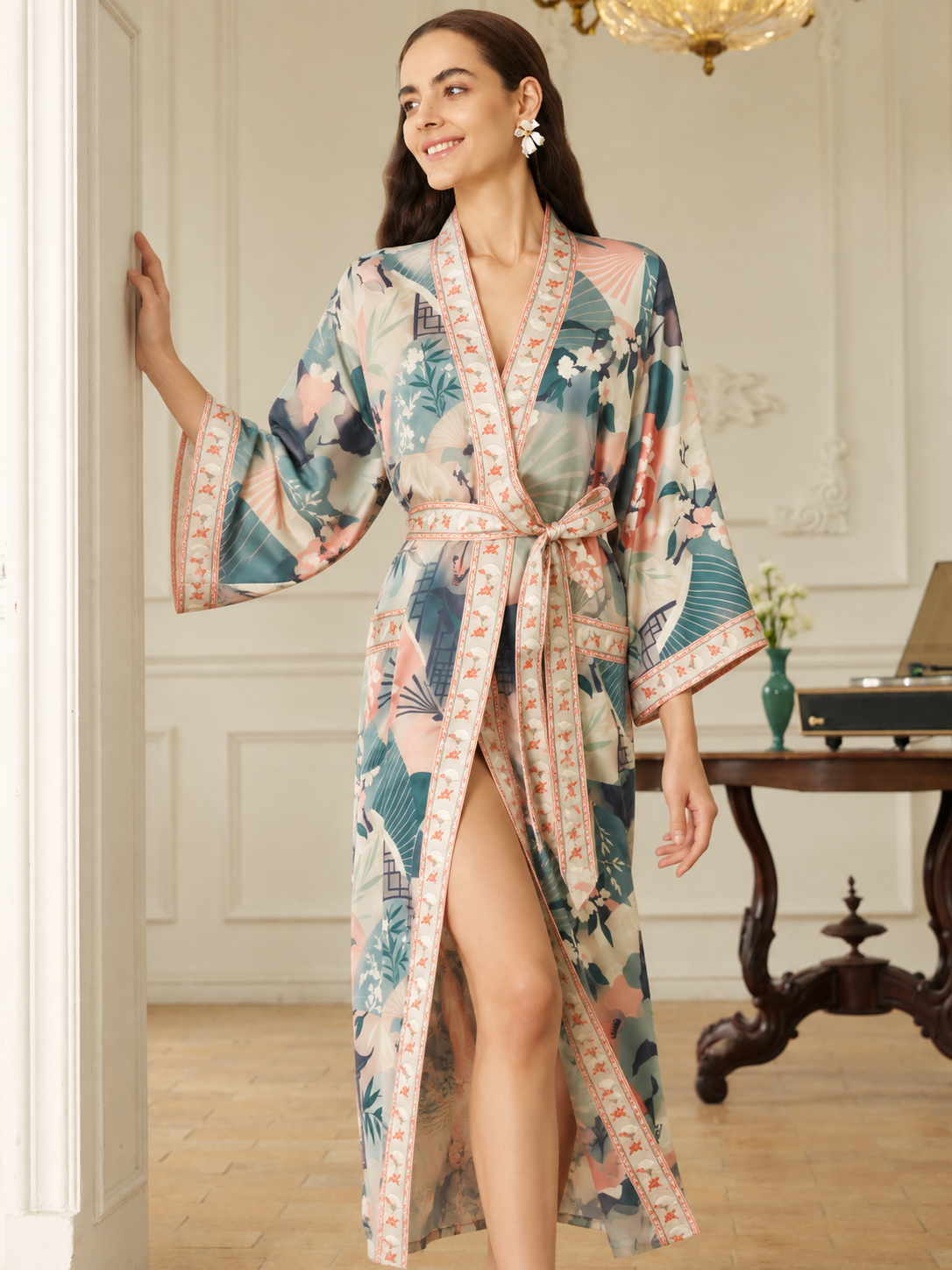 Sage Garden Fan Long Kimono Robe with Pockets
