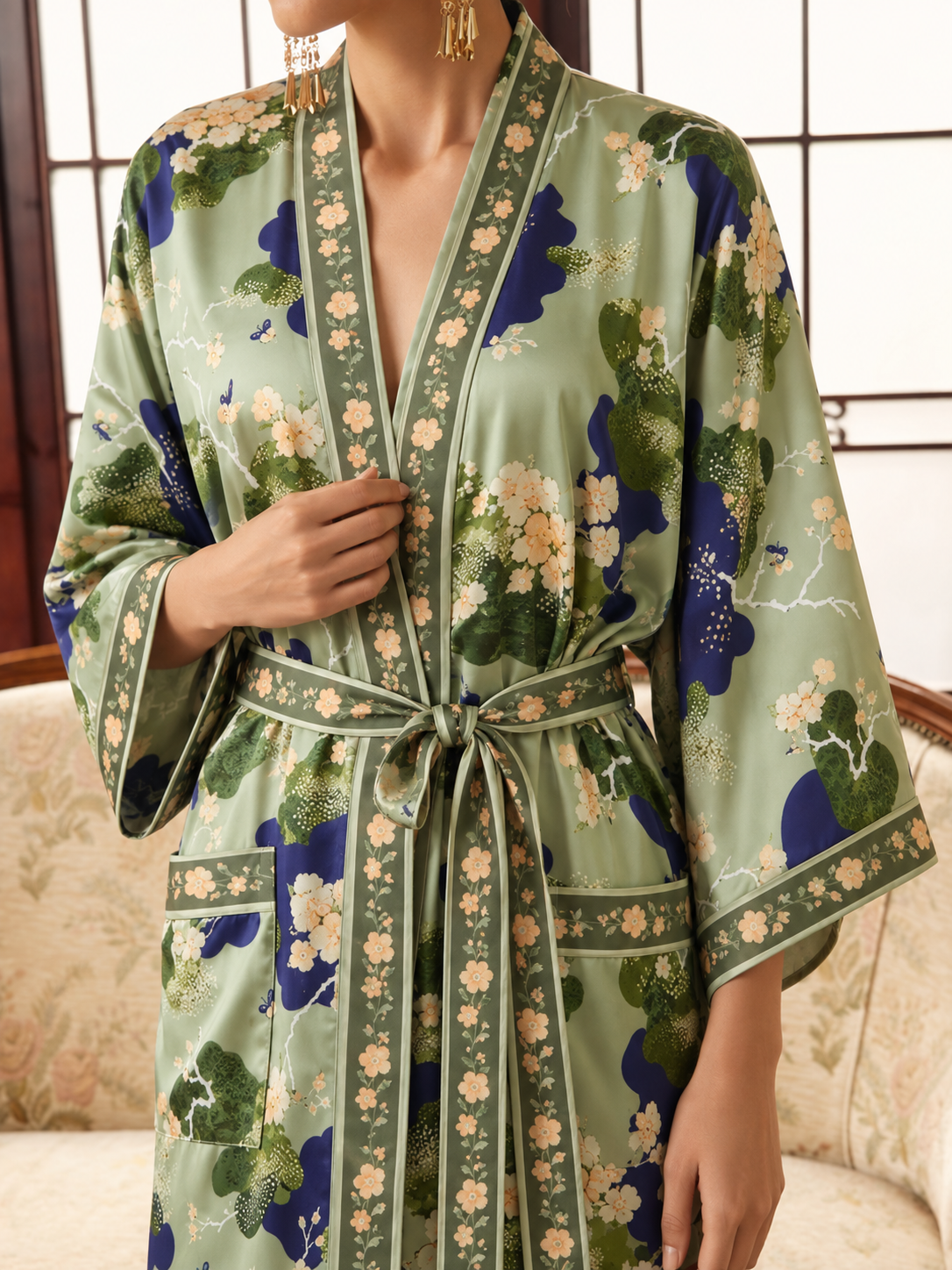 Olive Blossom Kimono Robe with Pockets