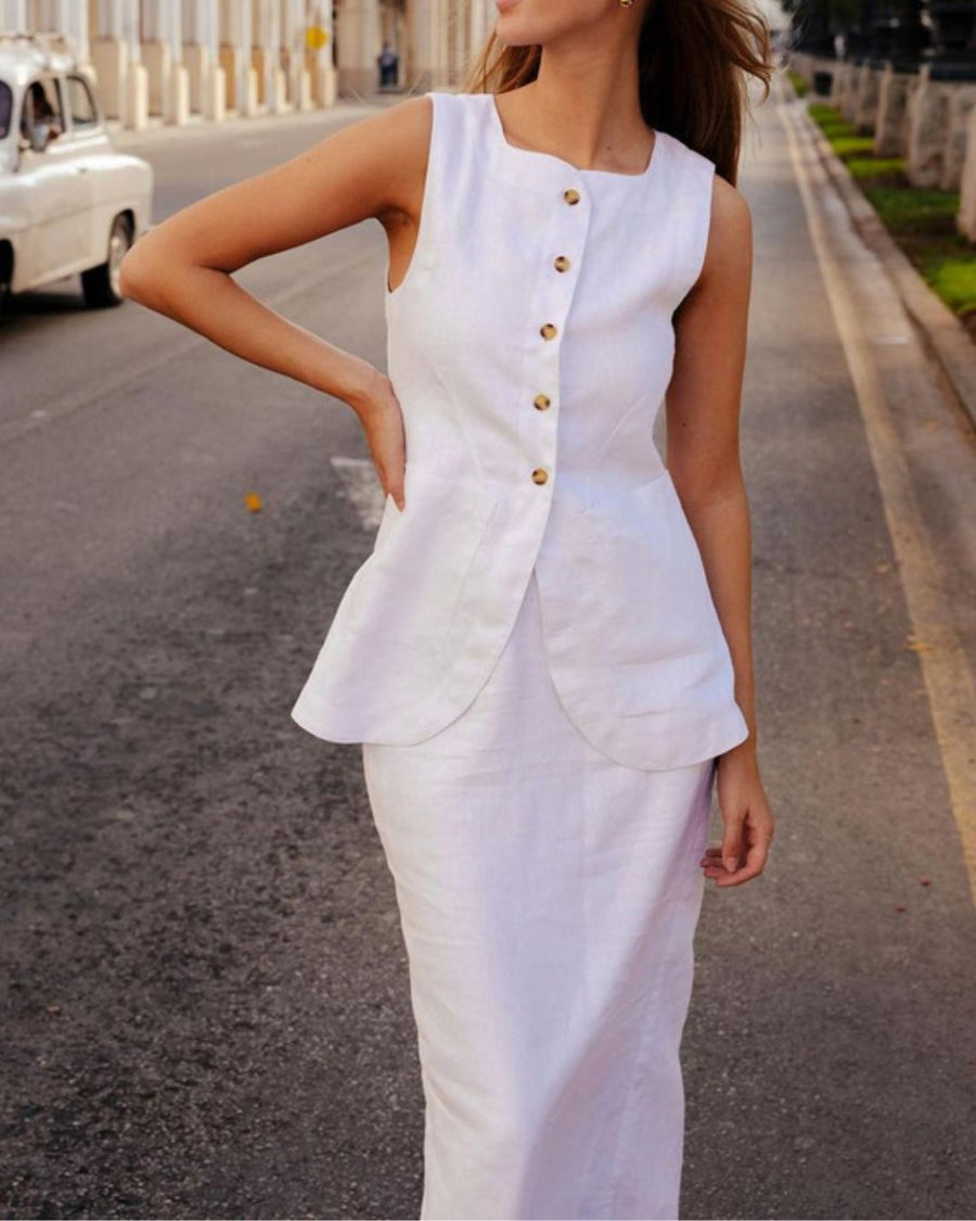 White Square Neck Vest & High Waist Skirt Set