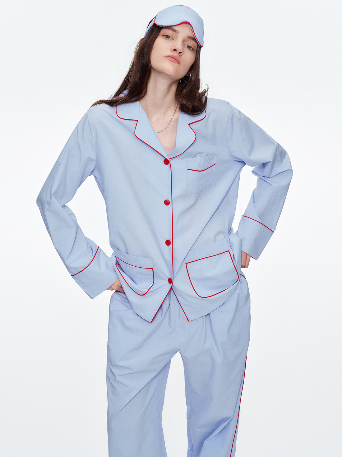Powder Blue Classic Long Pajama Set with Pockets
