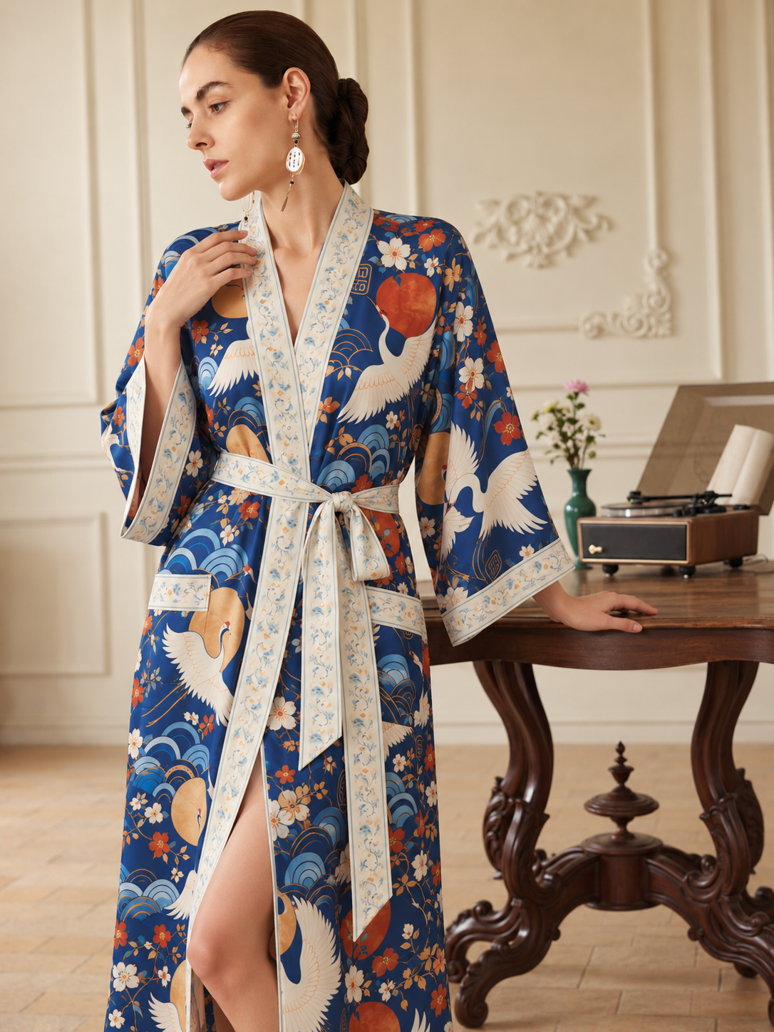 Moonlit Cranes Kimono Robe with pockets