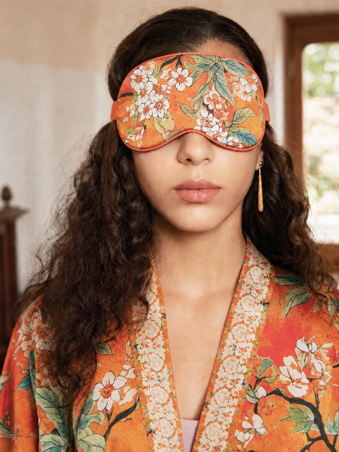 Orange Camellia Charmeuse Asian Inspired Sleep Mask