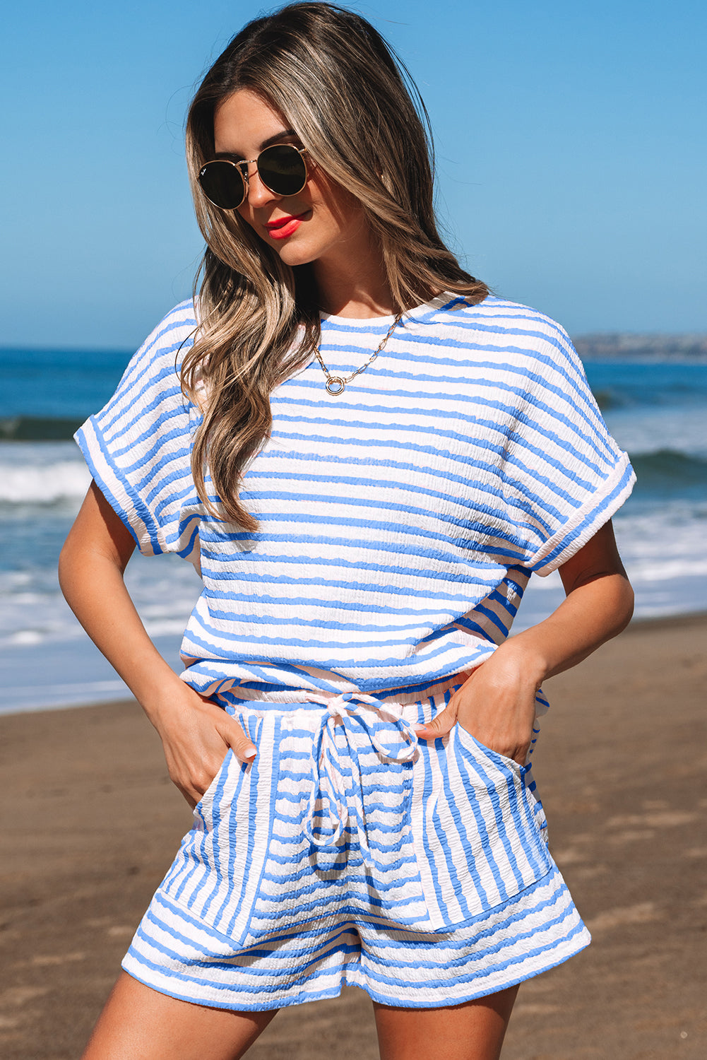 Pink Stripe Knitted Short Sleeve Top and Drawstring Shorts Set