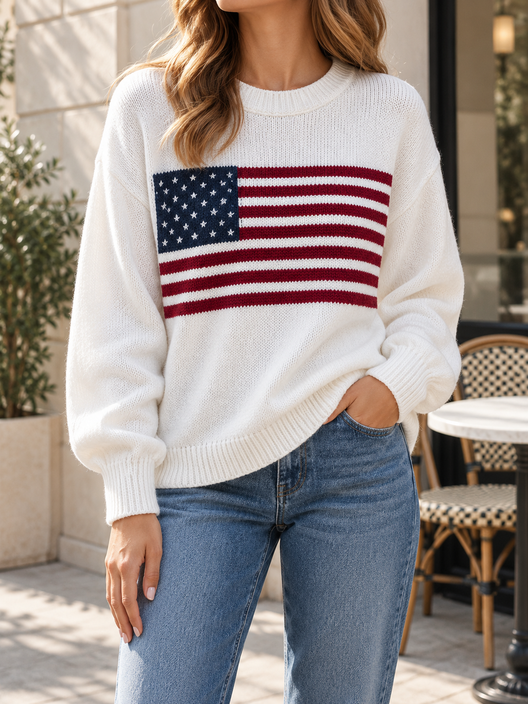 Boutique American Flag Crewneck Knit Sweater