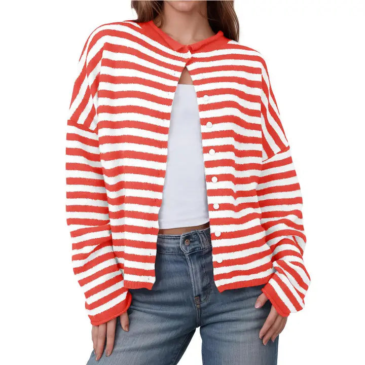 Striped Contrast Color Long Sleeve Cardigan