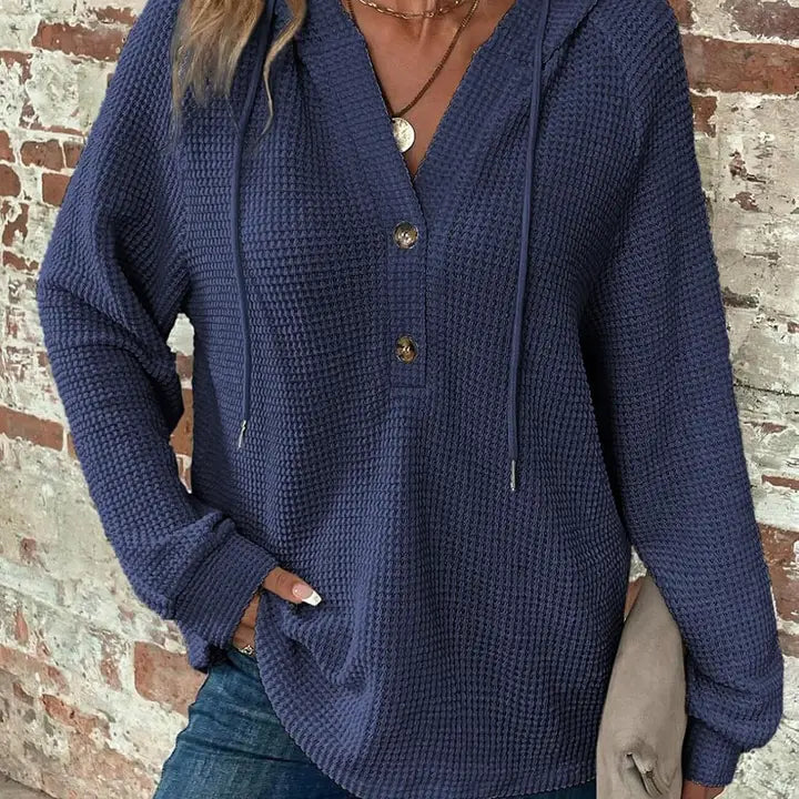 Cross-Border Women’s Waffle Knit V-Neck Hoodie