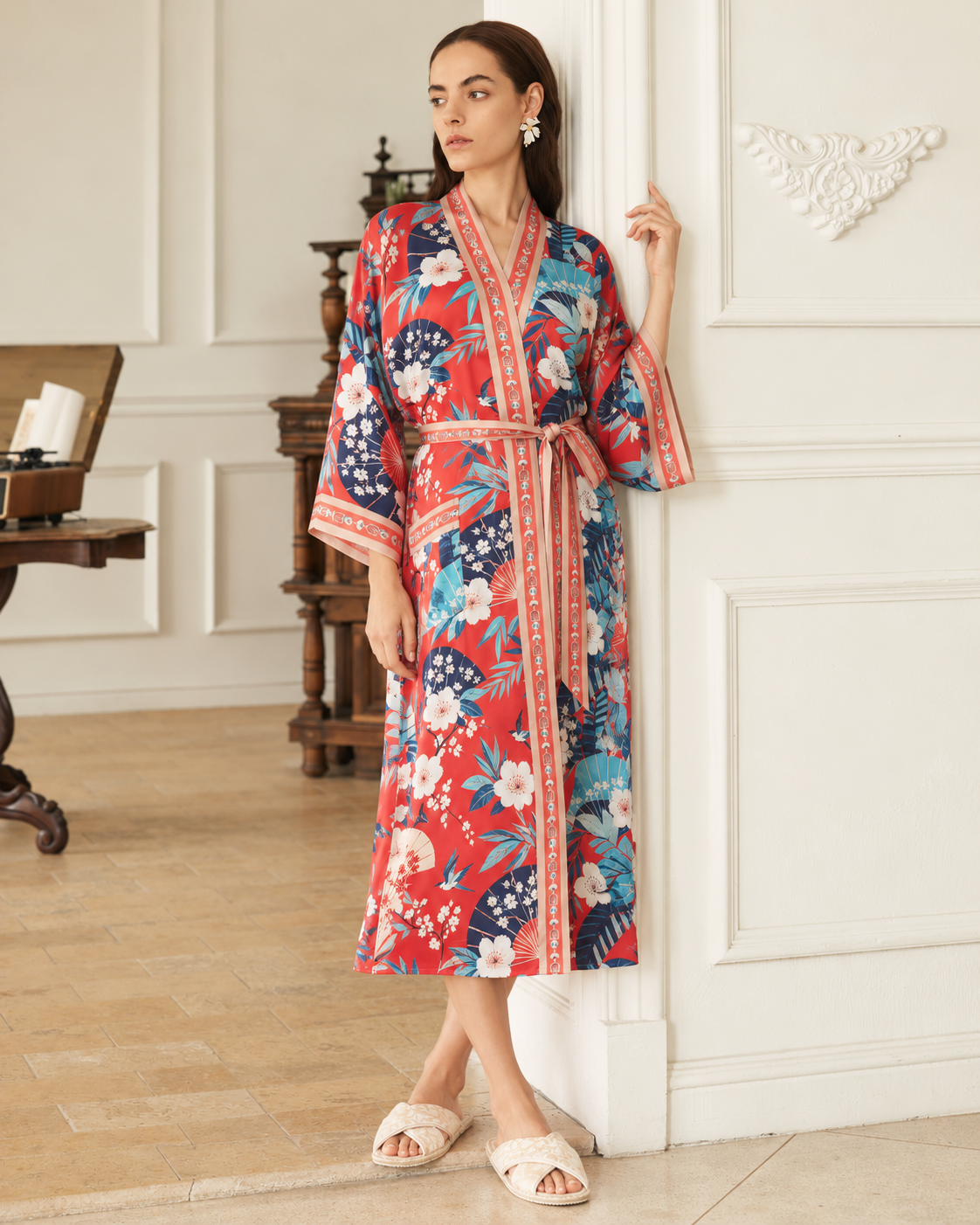 Coral Chinoiserie Kimono Robe with Pockets