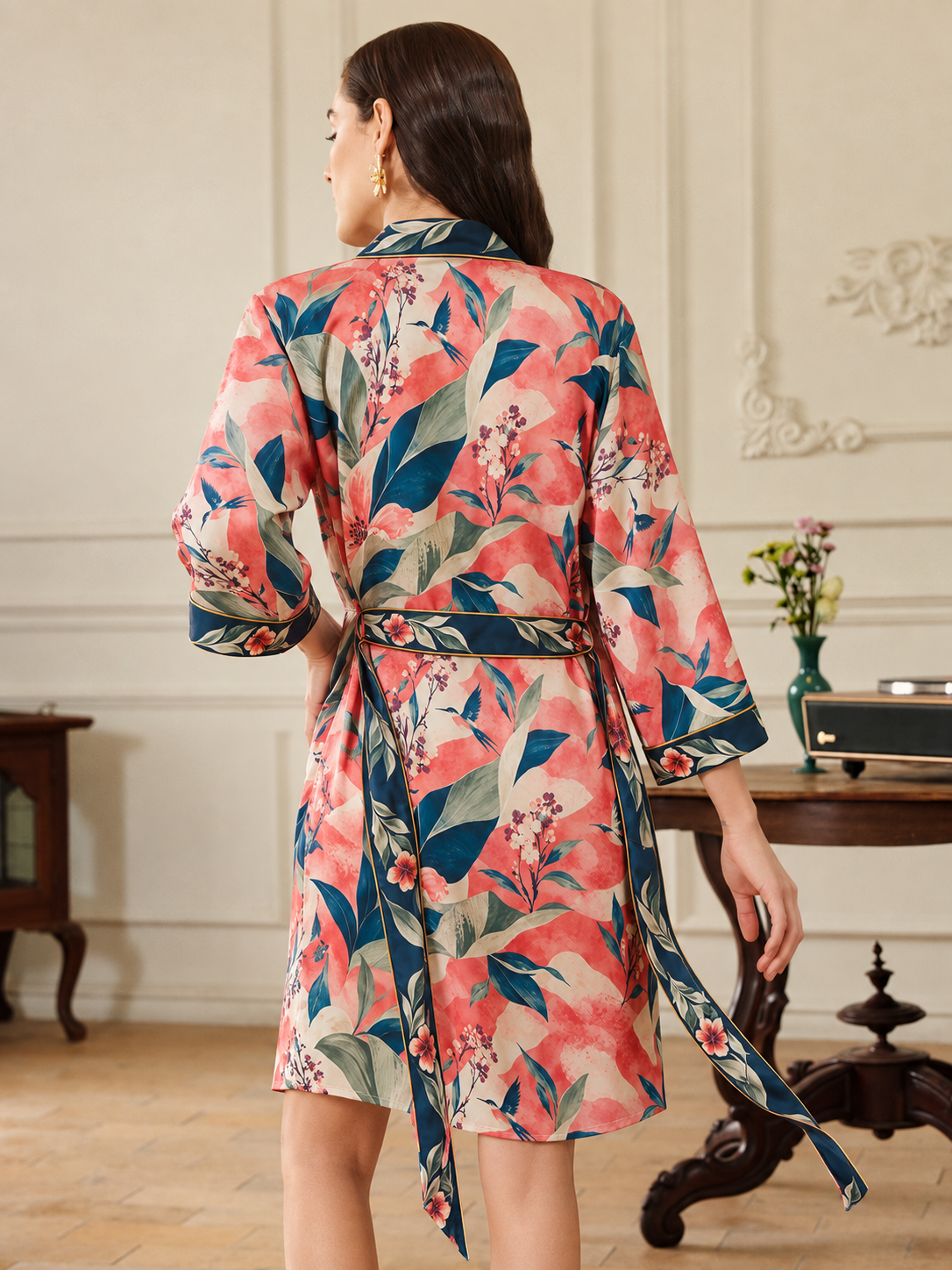 Coral Aviary Short Robe with Pockets